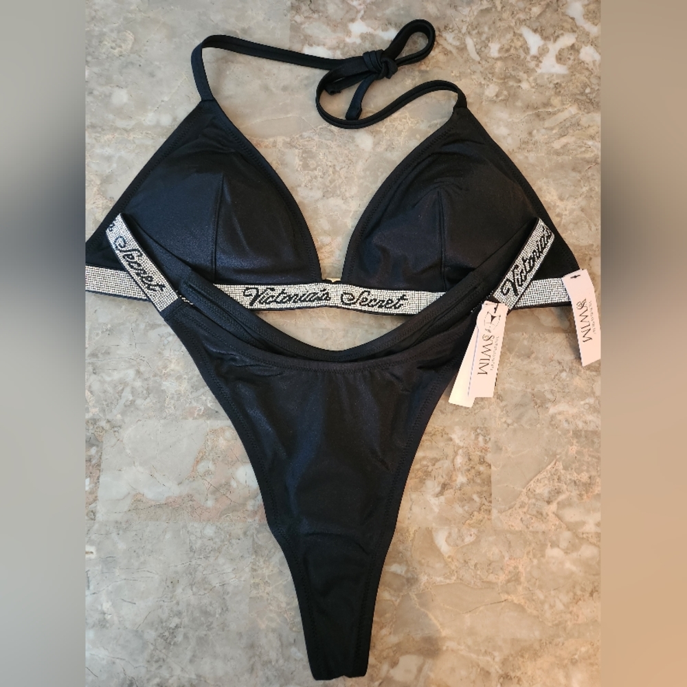 XL/XL VS Swim Shine Strap Triangle Bikini Top Shine Strap Thong Bikini Set Black